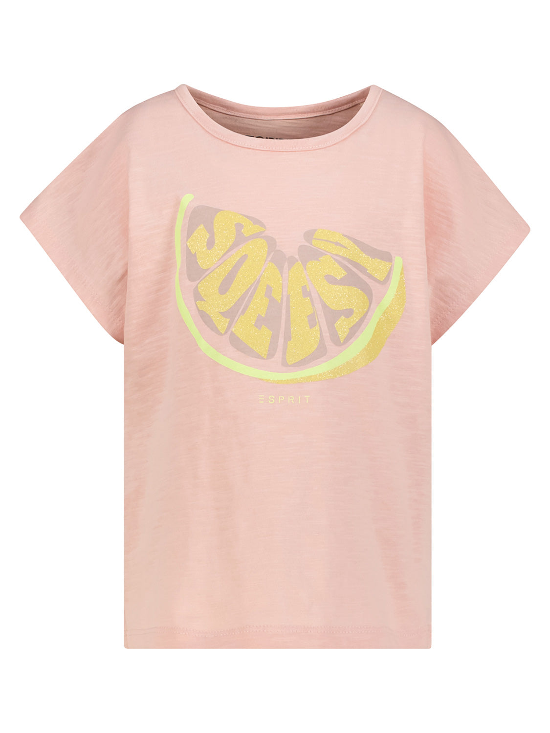 T-Shirt Apricot mit stilisiertem Zitronenmotiv SO FRESH und ESPRIT-Logo auf der Brust, aus feinem Cotton-Jersey, ideal für sommerlichen Tragekomfort.