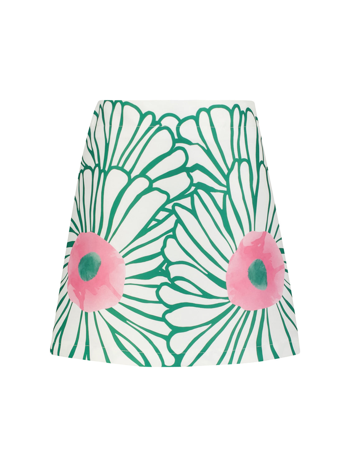 Rock Weiß: Gerade geschnittener Satinrock mit stilisiertem Blumenprint, grünen Blütenblättern und pinken Zentren von Mama Luma. Perfekt für individuelle Looks bei bellybutton.
