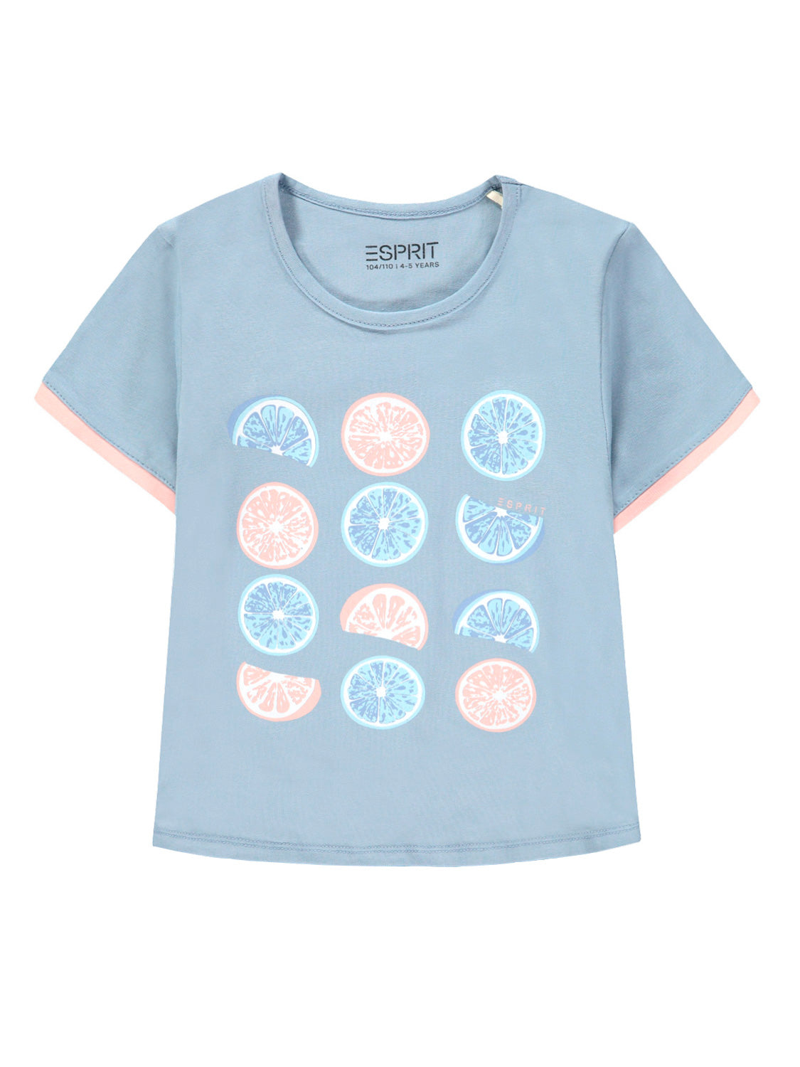 Kinder T-Shirt Hellblau aus Baumwolljersey mit stilisierten, fruchtigen Zitrusmotiven in Pfirsich- und Blautönen, passende für 4–5 Jahre, von ESPRIT.