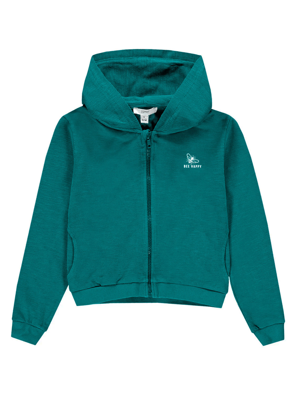 Sweatjacke Grün mit Kapuze, langen Ärmeln, Taschen. Links auf der Brust Biene und BEE HAPPY. Innenlabel ESPRIT. Perfekt für stilvolle Kinder- und Teenagerbekleidung.