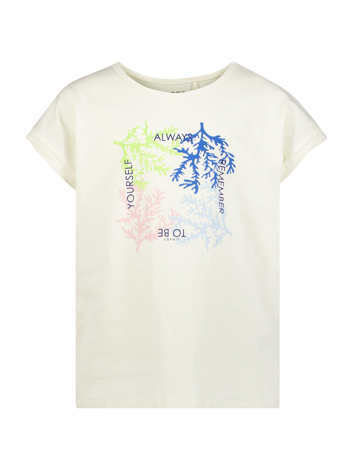 T-Shirt Cremeweiß mit kurzen Ärmeln und quadratischem Grafikdesign. Motiv: bunte, korallenartige Zweige, umrahmt von ALWAYS REMEMBER TO BE YOURSELF. Marke: Esprit.