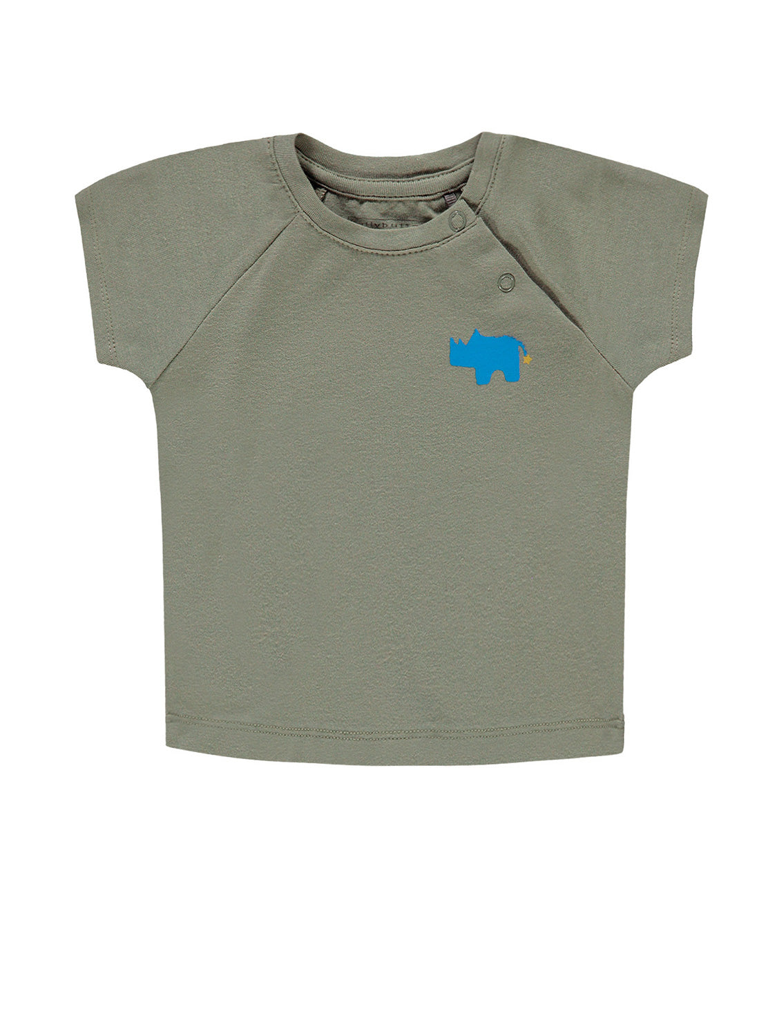 Olivegrünes Kinder-T-Shirt Jungle Life Olivgrün mit kurzen Ärmeln, Crew Neck und Druckknöpfen, verziert mit einem blauen Nashorn und gelbem Stern auf der Brust.