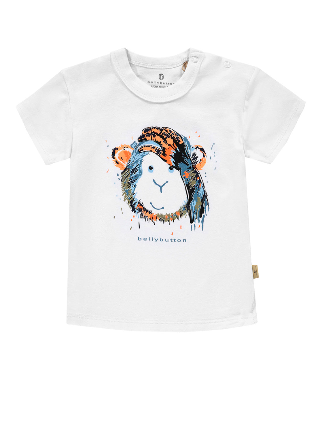 T-Shirt Weiß: Kinder-T-Shirt mit kurzem Ärmel und einem lächelnden Affenmotiv, handgezeichnete Optik. Markenname „bellybutton“ darunter. Ideal für modische Kinderbekleidung.