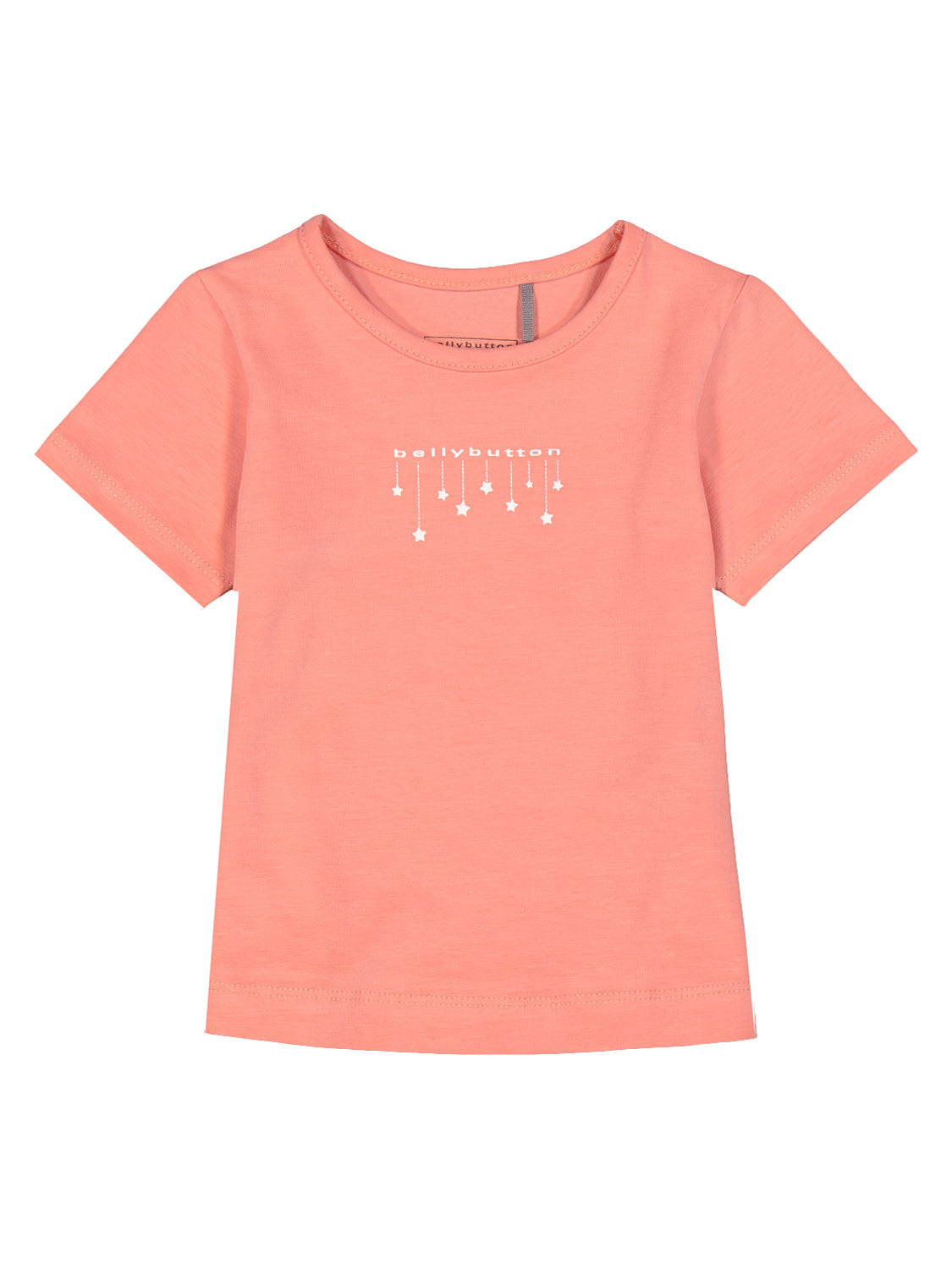 T-Shirt Koralle in sanftem Korallton mit weißem bellybutton-Print und sternförmigen Anhängern, perfekt für stilvolle Kinder- und Umstandsmode.
