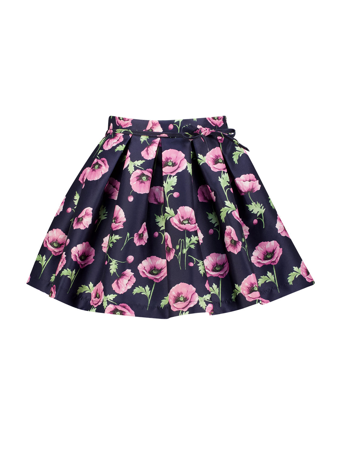 Rock Marineblau mit Falten, pinken Mohnblumen und grünen Blättern, schmalem Bindegürtel und dekorativer Schleife, von der kalifornischen Marke Mama Luma.