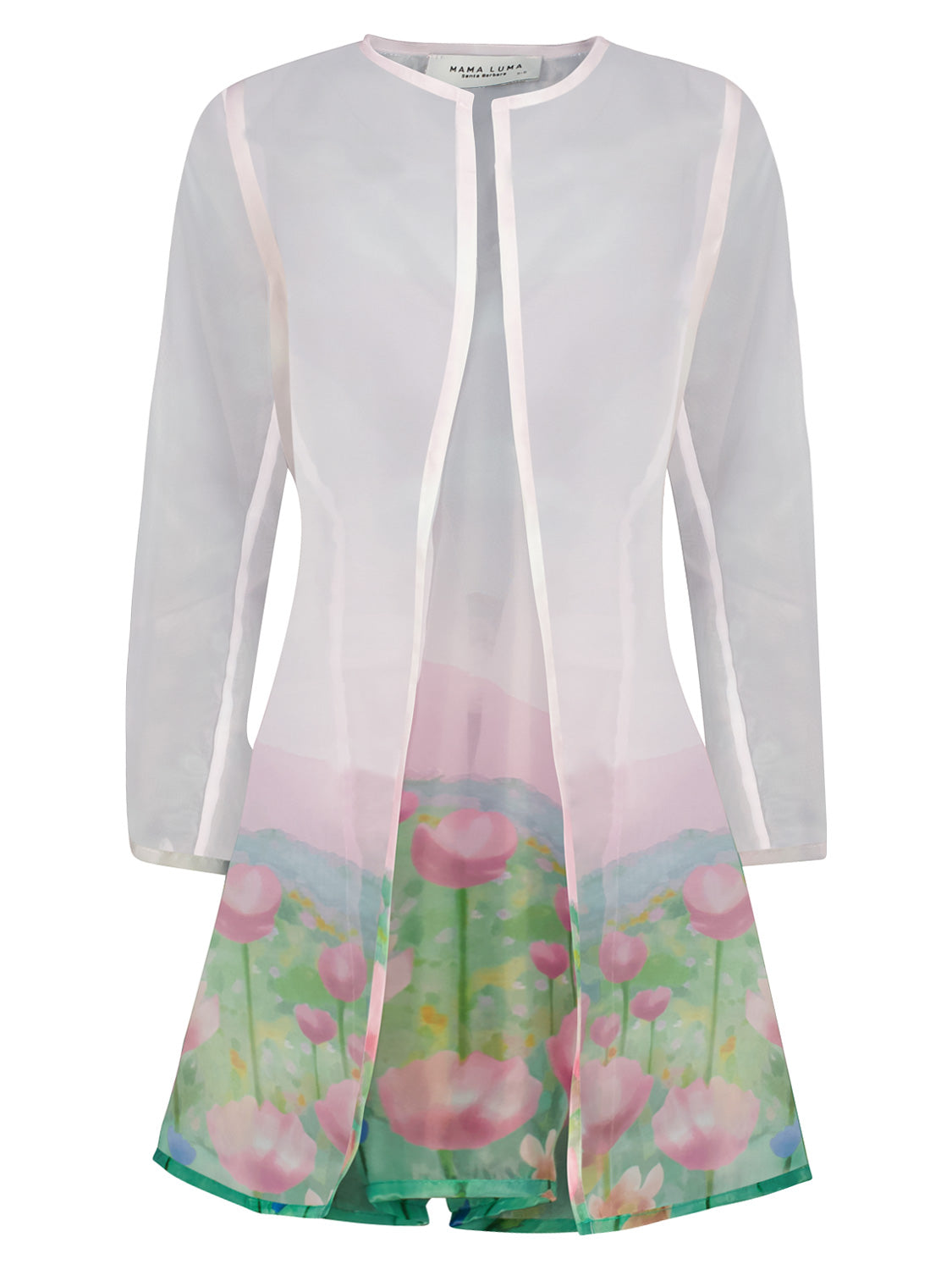 Kaftan Rosa: Leichter, transparenter Chiffon-Cardigan von Mama Luma mit Aquarell-Print. Ideal für stilbewusste Mütter, erhältlich im bellybutton Online-Shop.