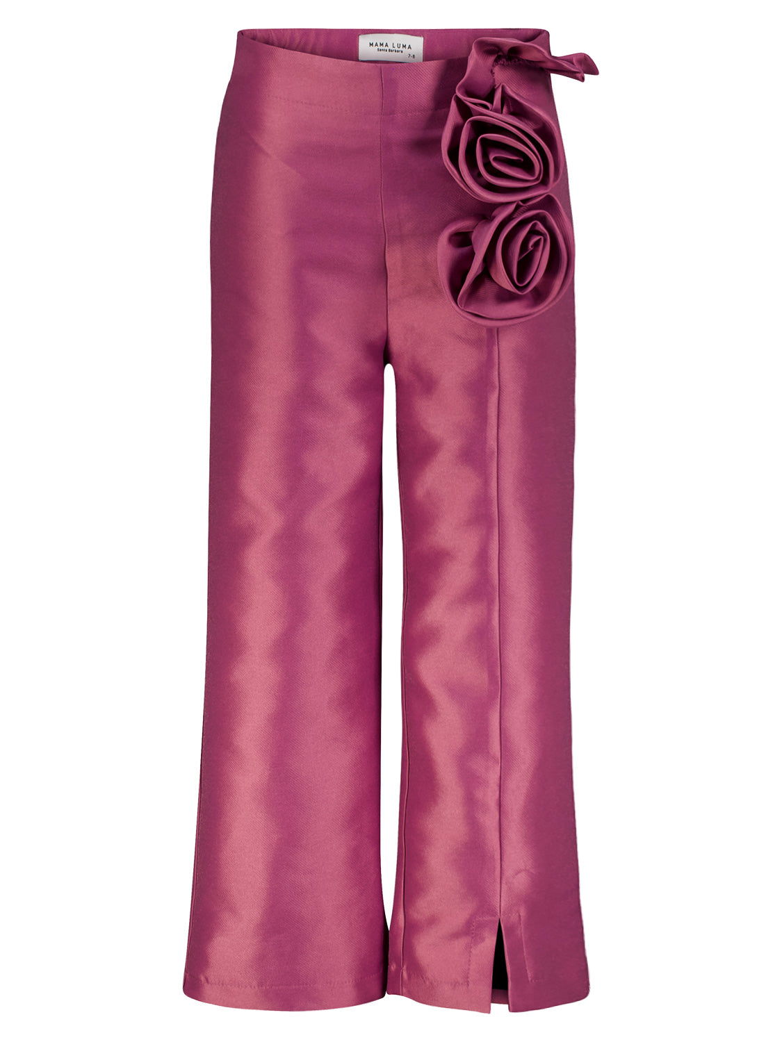 Hose Bordeauxrot von Mama Luma in Satin mit hoher Taille, weitem Bein, 3D-Blüten an der Hüfte und kleinem Schlitz am Saum.