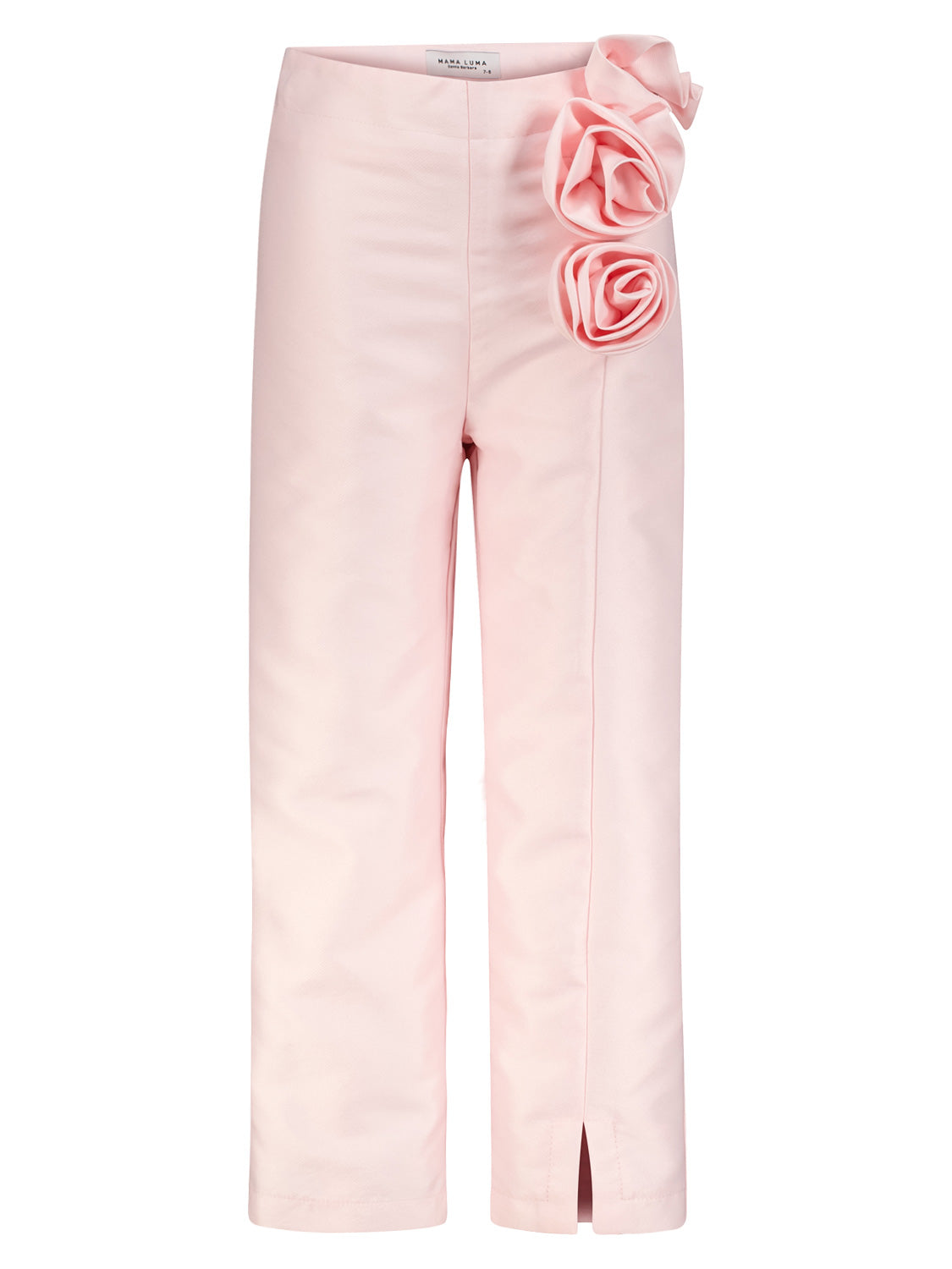 Kinderhose Rosa mit geradem Bein und dezenten Schlitzen, verziert mit 3D-Rosen an der Hüfte, von Mama Luma. Ideal für stilvolle Kindermode.