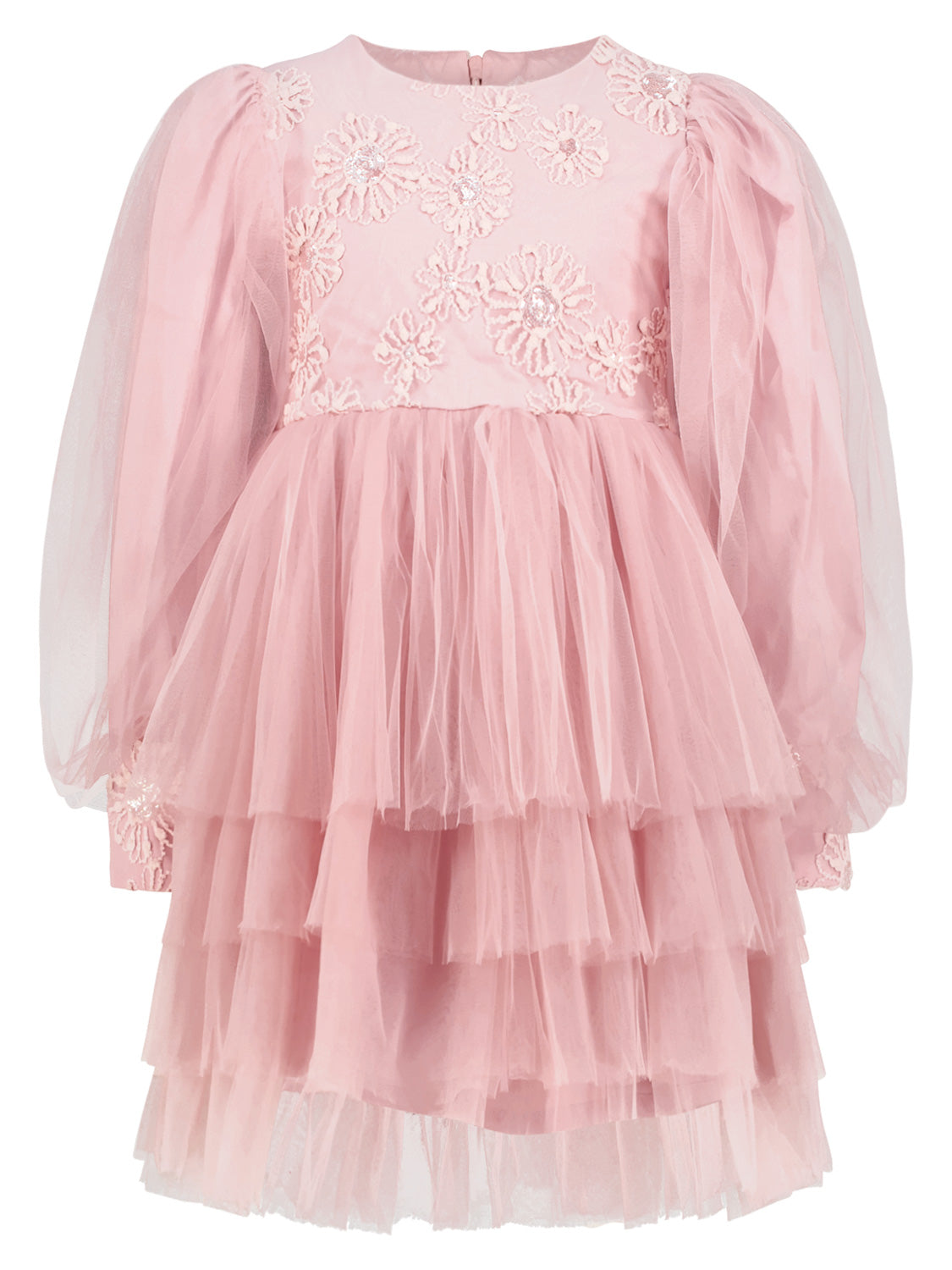 Kleid Rosa: Langärmeliges Partykleid aus Tüll mit applizierten Blumen und Pailletten, voluminösen Rüschen und transparenten Ärmeln, ideal für einen märchenhaften Look.