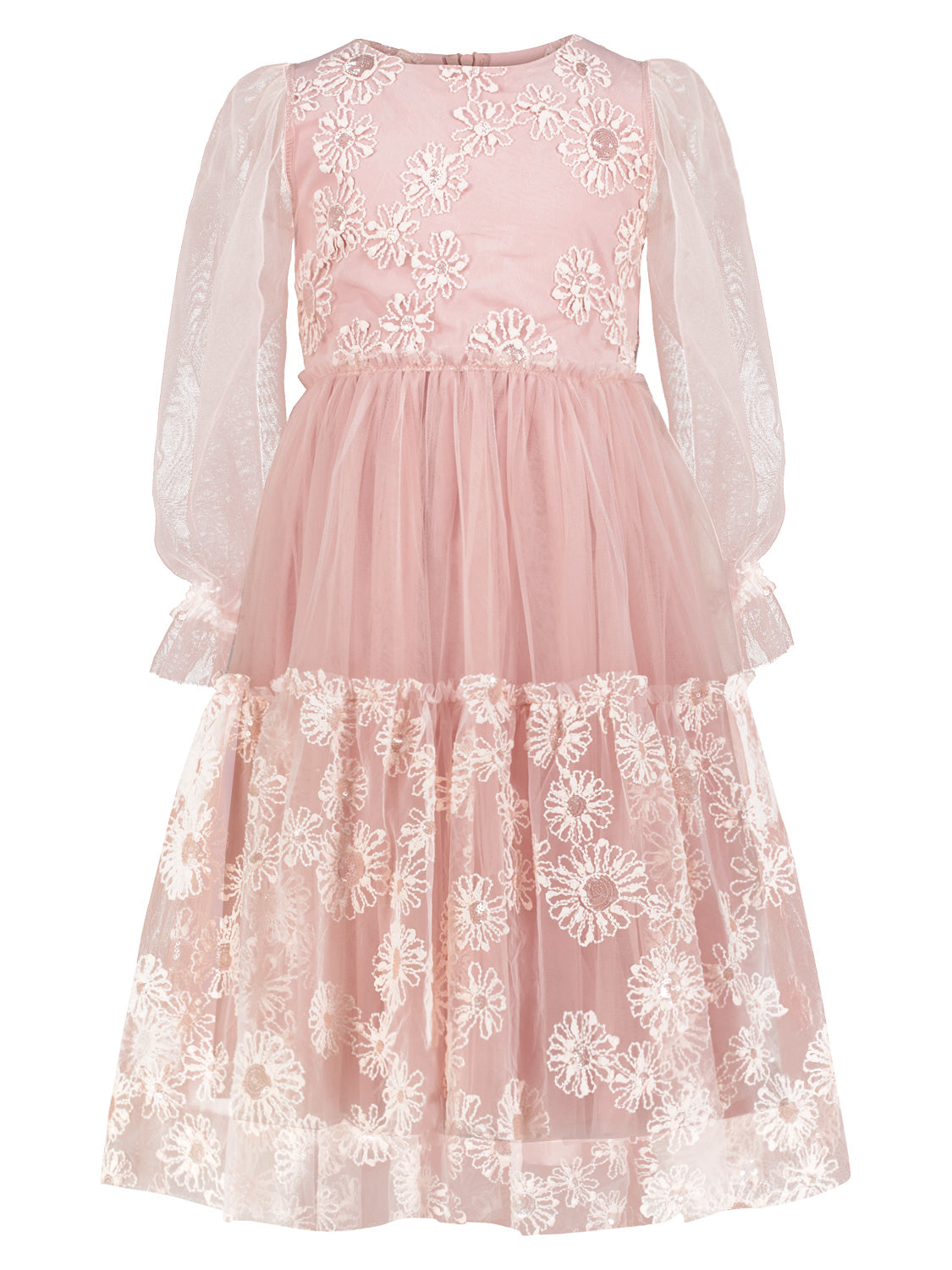 Kleid Rosa: Langärmeliges, besticktes Tüllkleid mit Stufenrock von Mama Luma, ideal für besondere Anlässe, perfekt für Kinder oder junge Teenager.