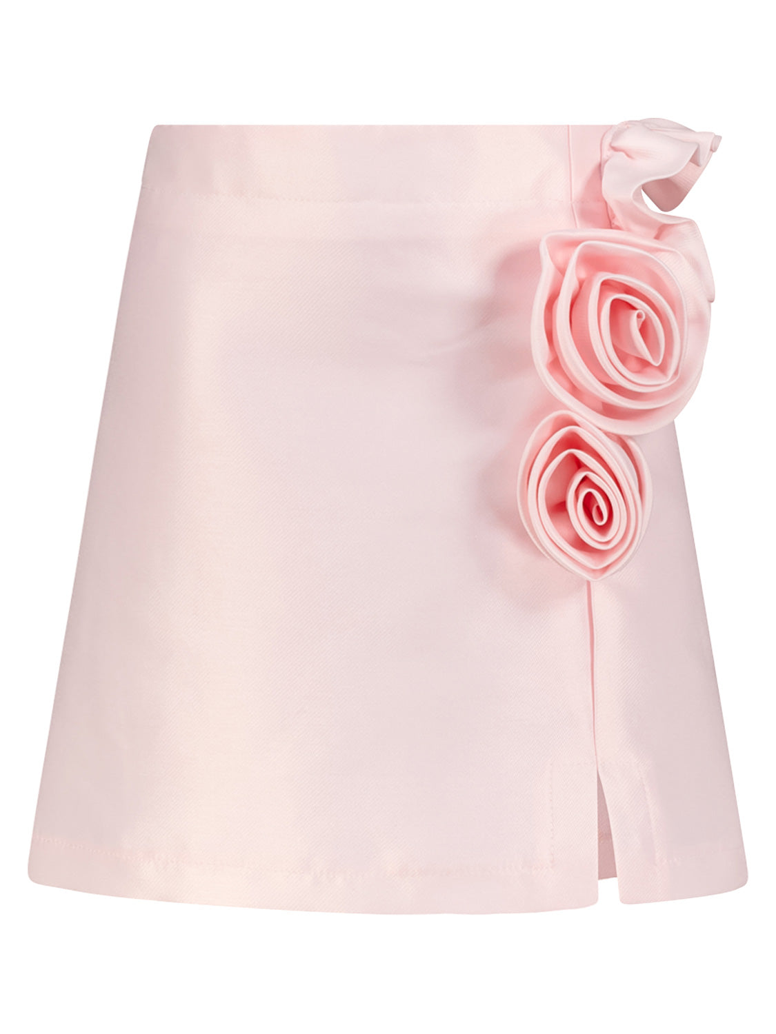 Rock Rosa: A-Linien-Minirock in zartem Rosé mit 3D-Rosetten und kleinem Seitenschlitz, von Mama Luma, perfekt für stilbewusste Mütter und Kinder.