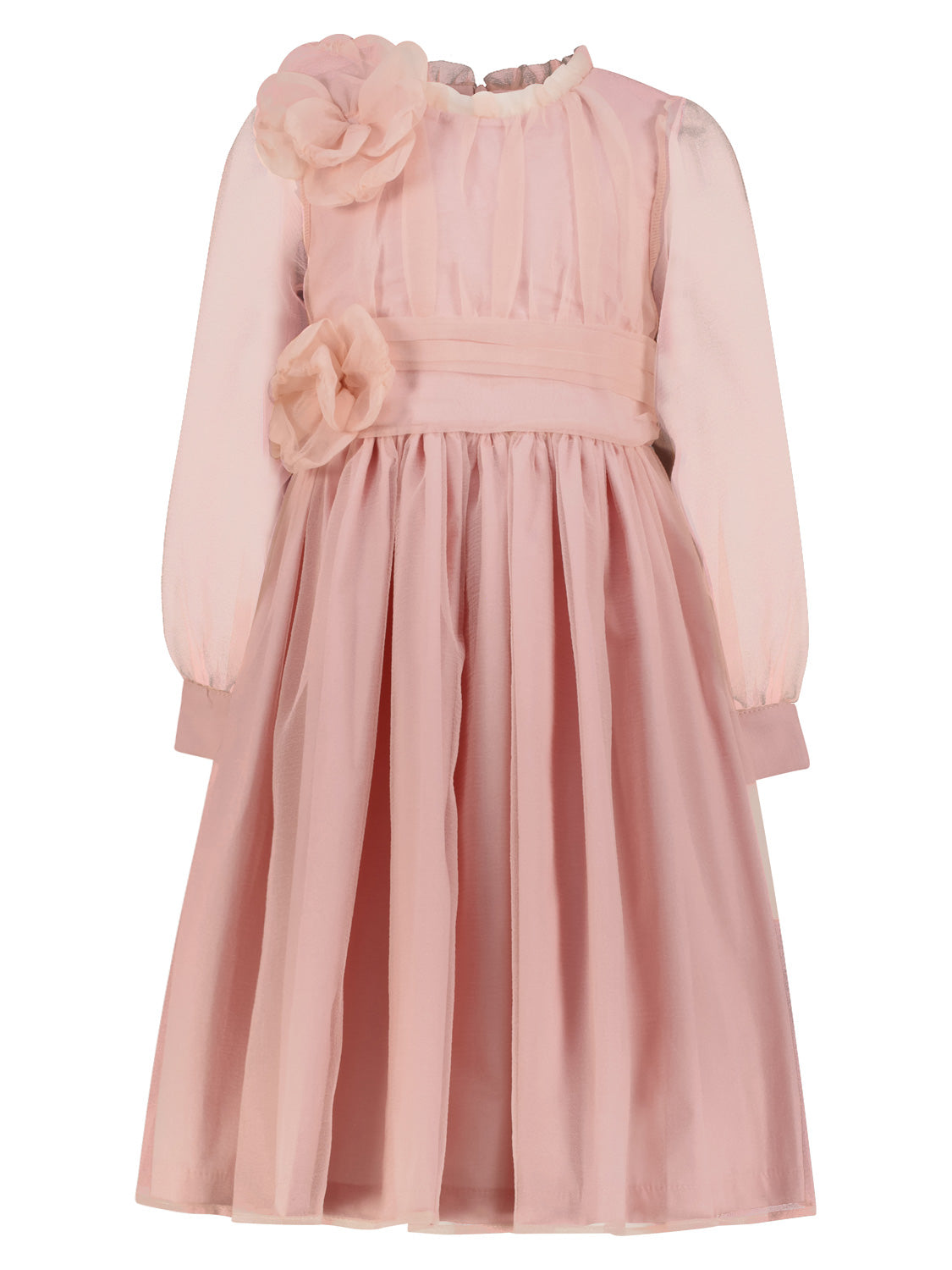 Kleid Rosa: Elegantes Mädchen-Partykleid mit transparentem Organza-Layer, langärmelig, Blumenapplikationen an Schulter und Taille, von Mama Luma. Perfekt für besondere Anlässe.