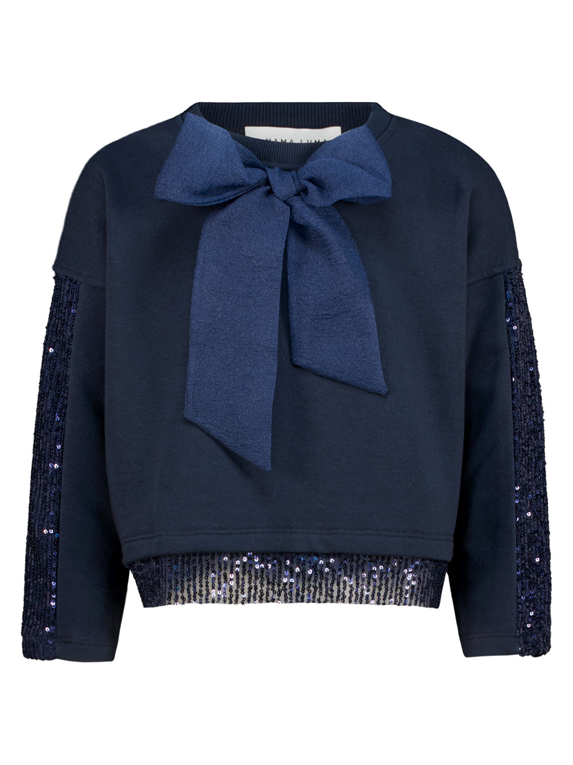 Navyblaues Sweatshirt Marineblau mit großer Organza-Schleife am Ausschnitt und dunkelblauen Pailletten an Ärmeln und Saum, elegant gestaltet von Mama Luma.