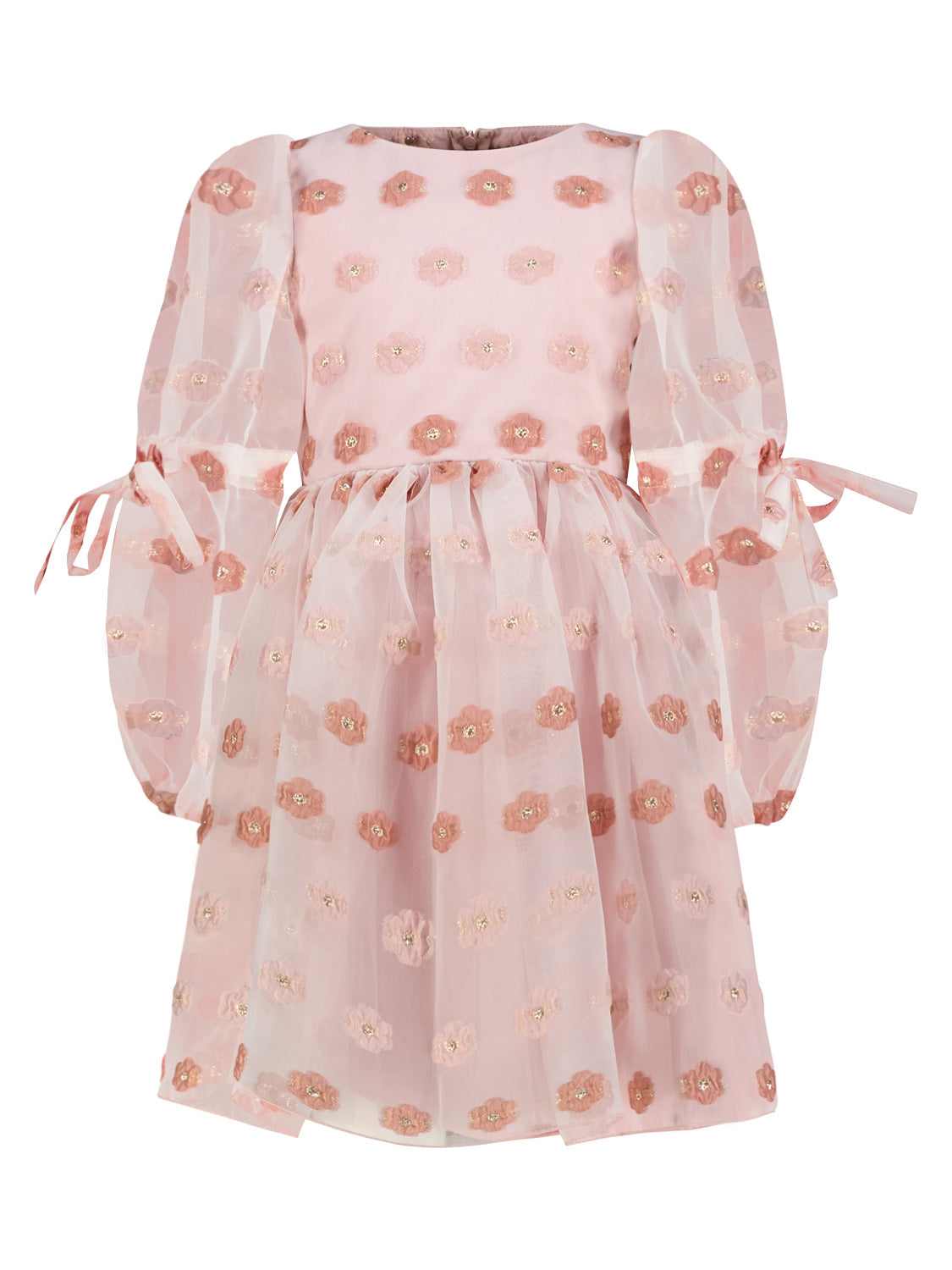 Kleid Rosa: Ein elegantes, langärmeliges Kinderkleid mit transparentem Organza, verziert mit zarten 3D-Blumenstickereien und goldenen Perlen, ideal für besondere Anlässe.