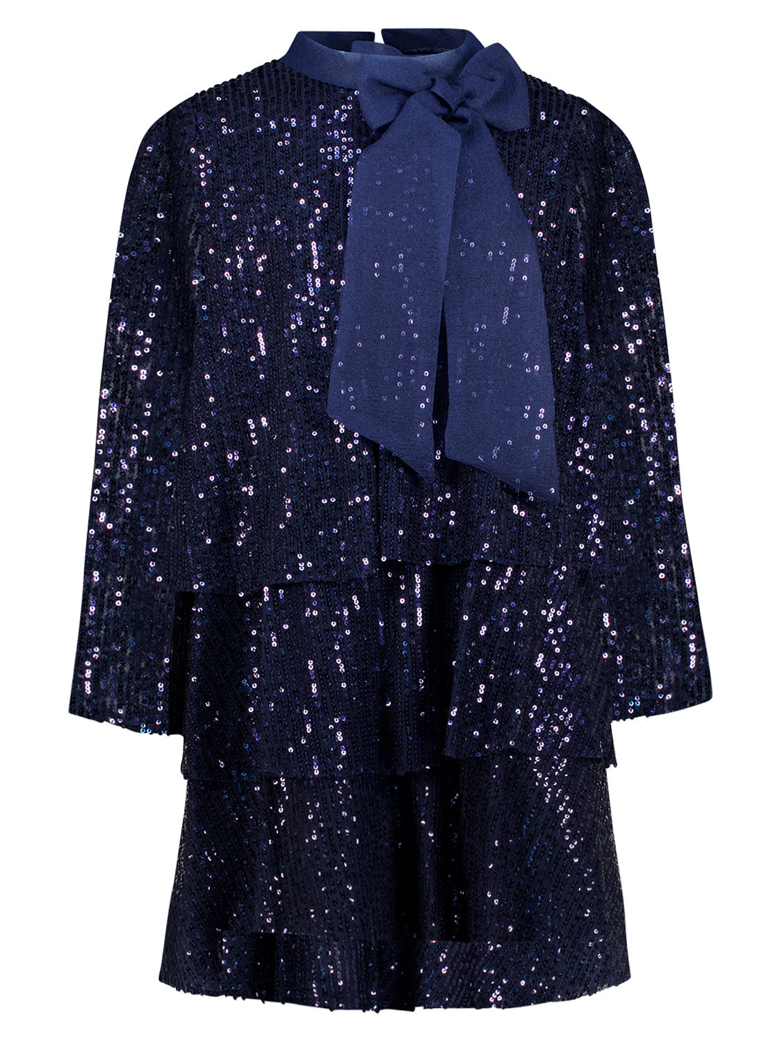 Kleid Marineblau: Elegantes, langärmeliges Cocktailkleid mit Pailletten, Schleife am Kragen und Stufenrock, ideal für festliche Anlässe, von Mama Luma.