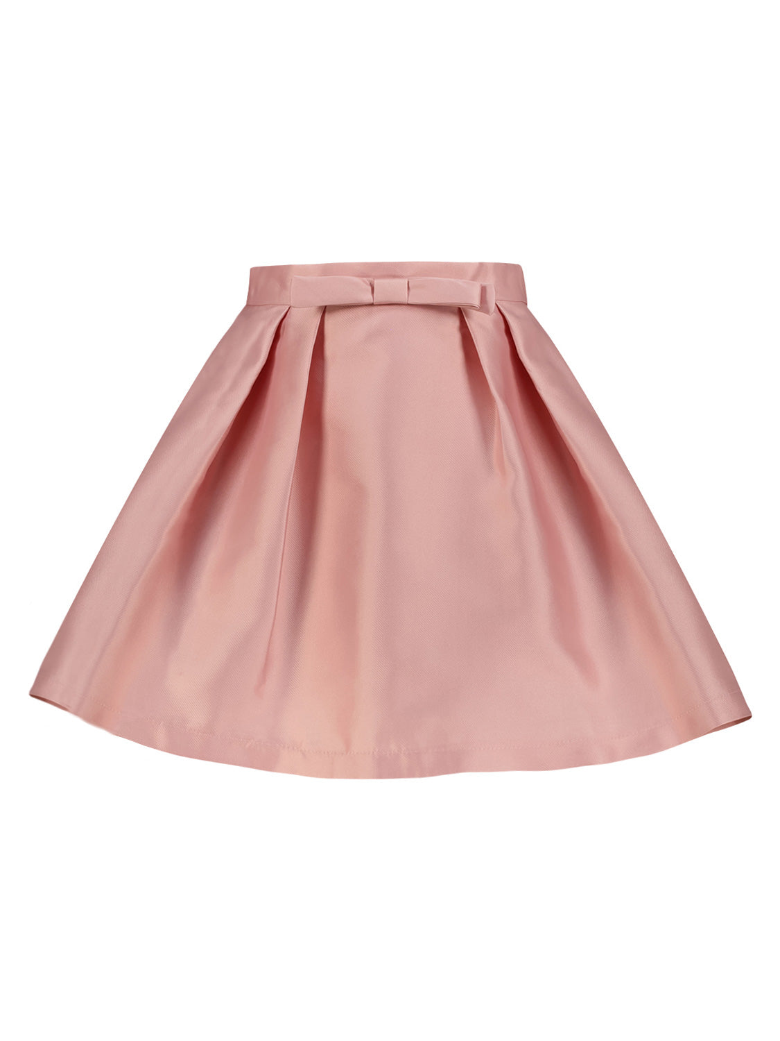 Rock Rosa: Eleganter A-Linien-Rock mit sanften Falten und applizierter Schleife am Bund, entworfen von Mama Luma.