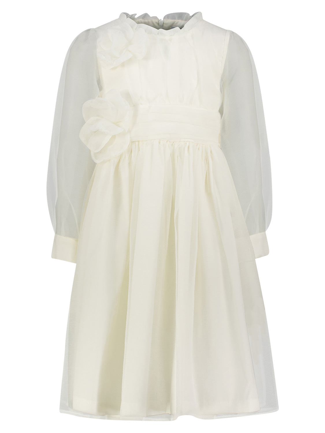 Kleid Cremeweiß: Elegantes, langärmeliges Mädchenkleid mit Organza-Layer, Blumenapplikationen an Taille und Ausschnitt, ideal für festliche Anlässe von der Marke Mama Luma.
