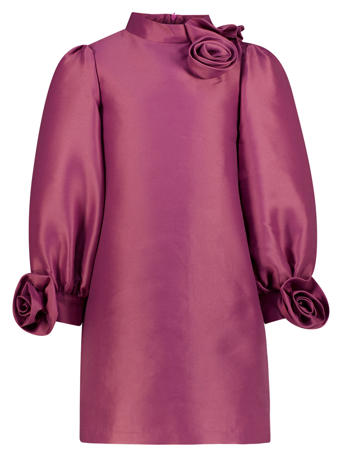 Kleid Bordeauxrot: Elegantes Shiftkleid aus glänzendem Satin mit applizierten Blüten an Schulter und Ärmeln, perfekt für stilvolle Anlässe von Mama Luma.