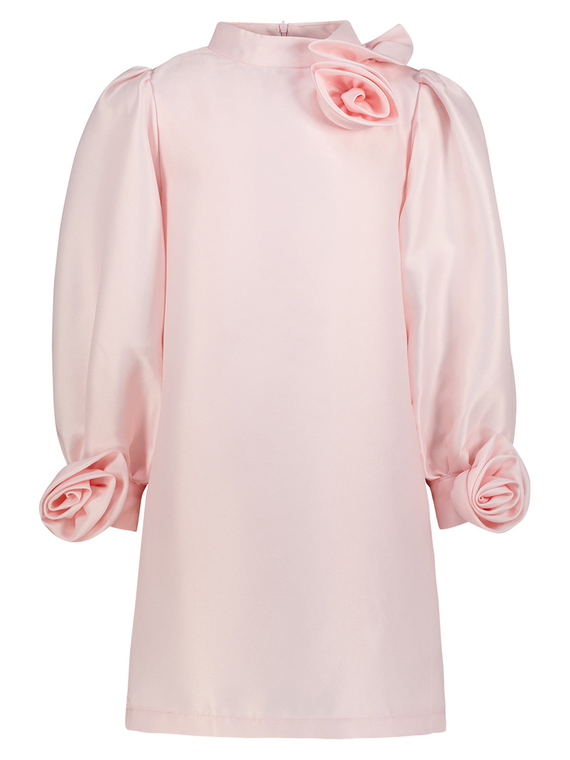 Kleid Rosa: Elegantes, langärmeliges A-Linien-Shiftkleid mit hohem Kragen und applizierten Blüten an Schulter und Ärmeln, ideal für stilvolle Anlässe.