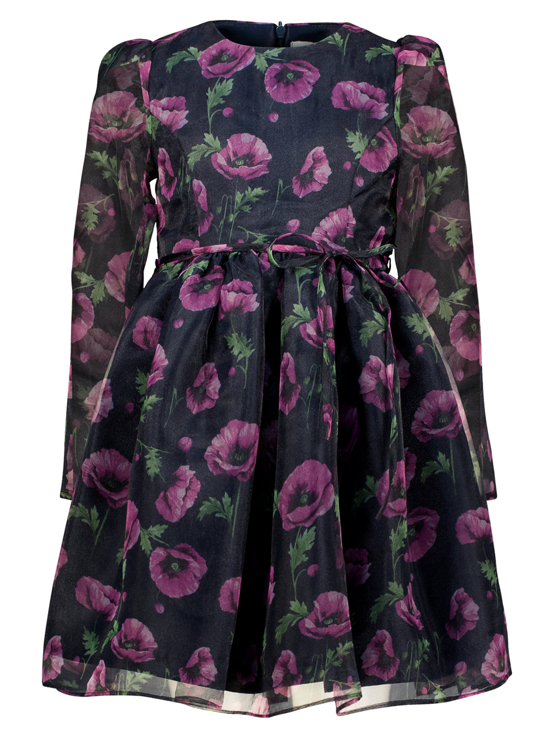 Kleid Marineblau: Elegantes, langärmeliges Kleid mit transparentem Organza-Layer, Mohnblumen-Print, taillierter Passform und leicht gepufften Schultern, ideal für besondere Anlässe.