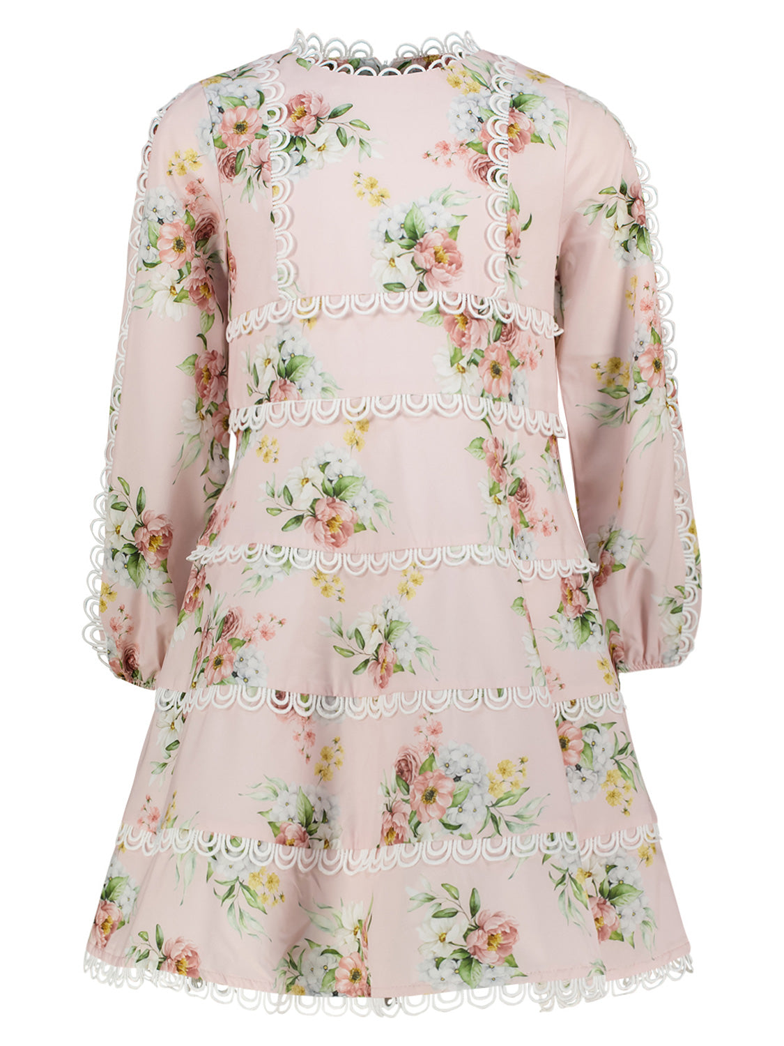 Kleid Rosa: Langärmeliges Minikleid mit floralem Muster und weißer Spitzenborte, designed von Mama Luma. Perfekt für modische Mamas und Kinder bei bellybutton.