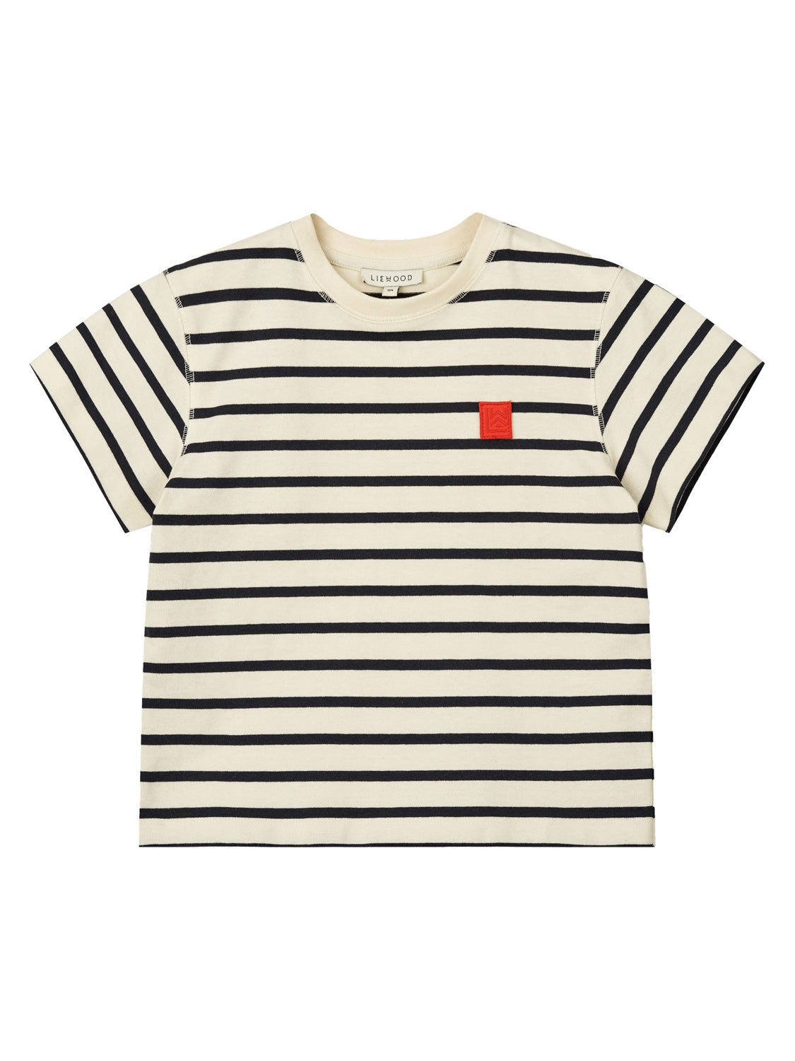 T-Shirt SIXTEN gestreift in navy navy: Kurzarmshirt mit Rundhalsausschnitt, cremefarbenen Grund und schmalen schwarzen Streifen. Rotes Quadrat-Patch auf der linken Brust.