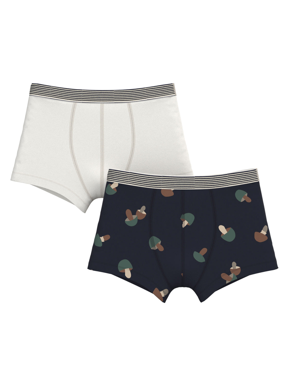 Boxershorts CHAMPIGNON 2er-Set: Ein Paar off-white, ein Paar navy mit Pilzmuster, beide mit gestreiftem Bund. Ideal für Komfort und Stil.