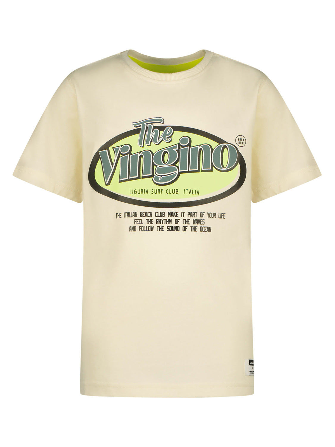 T-Shirt HEBOR in arctic white, mit großem The Vingino Surf-Logo und Slogan. Perfekt für lässige, surf-inspirierte Styles bei bellybutton.