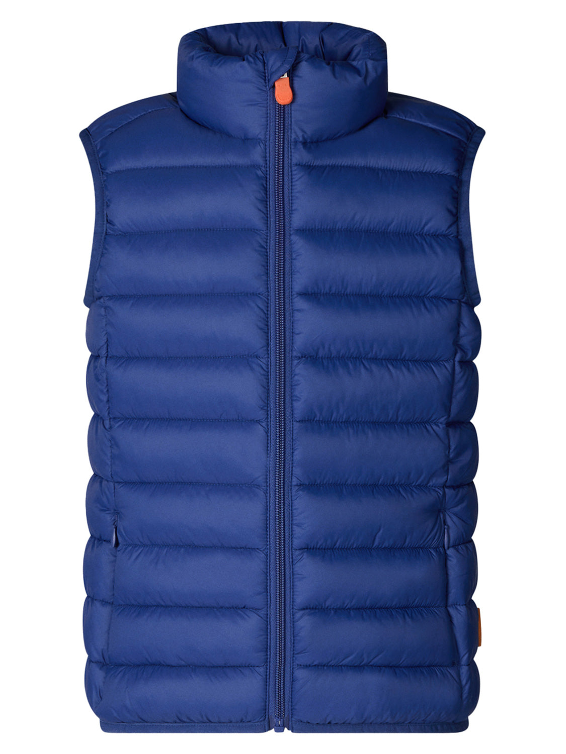 Steppweste ANDY GIGA 15 in eclipse blue mit ärmellosem Design, Stehkragen und durchgehendem Reißverschluss mit orangefarbenem Zugband, ideal für Kinderoutfits von bellybutton.