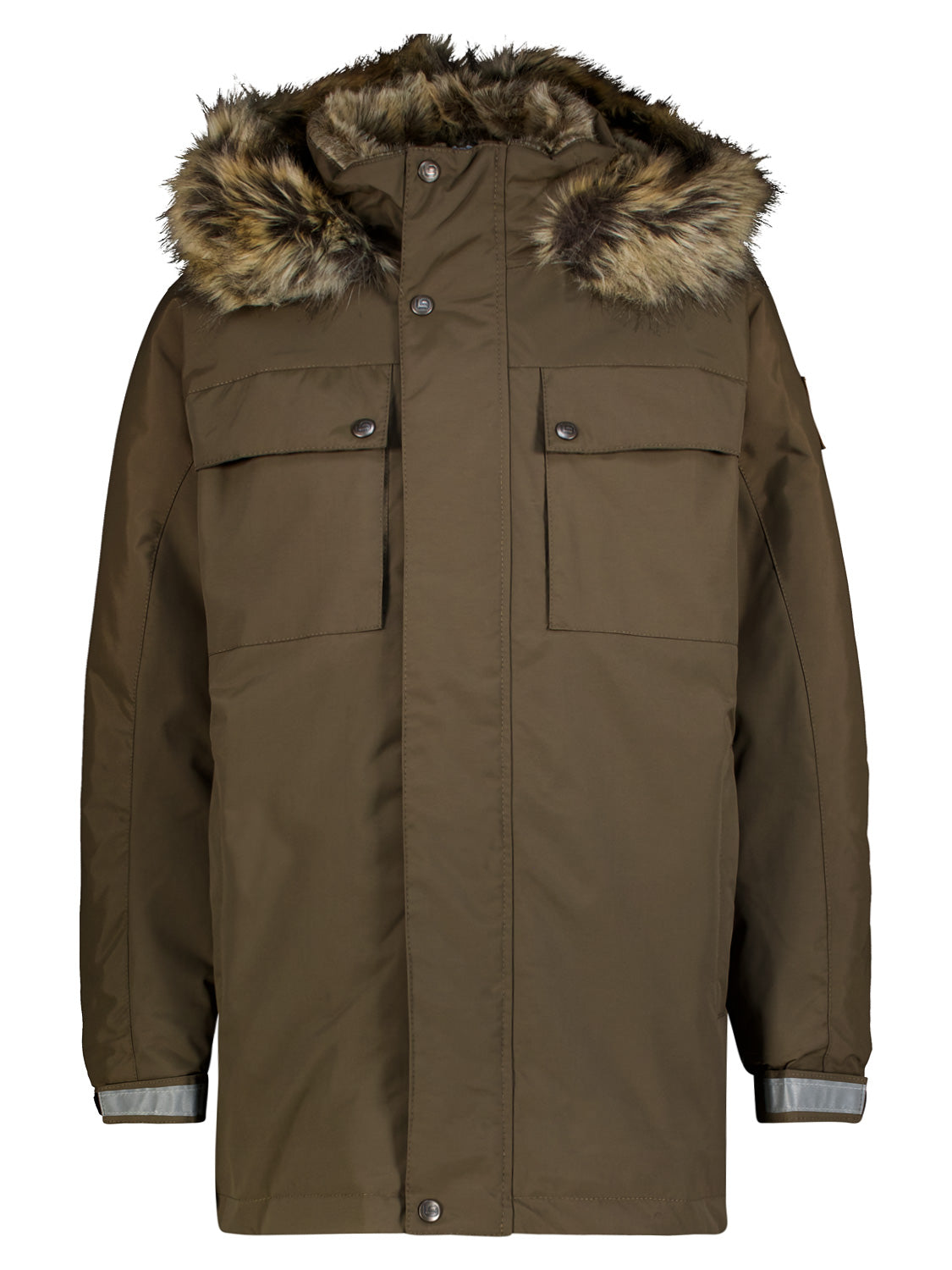 Wintermantel Jakko Khaki, ein langer Parka mit fellbesetzter Kapuze, Druckknopfverschluss und reflektierenden Ärmelstreifen, ideal für kalte Tage im urbanen oder spielerischen Umfeld.