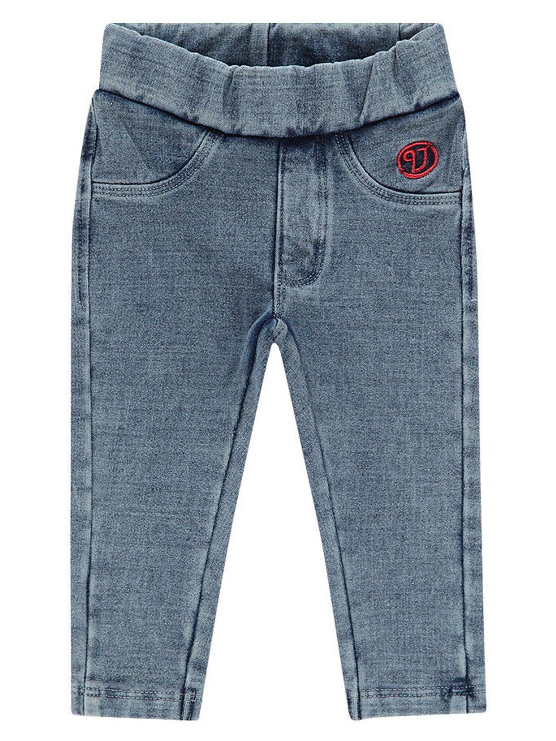 Jeggings SARA BABY in Mid-Blue-Wash, Kinder-Skinny-Pants mit elastischem Bund, falschem Frontreißverschluss, Schein-Vordertaschen und kleinem roten Sticklogo an der Hüfte.