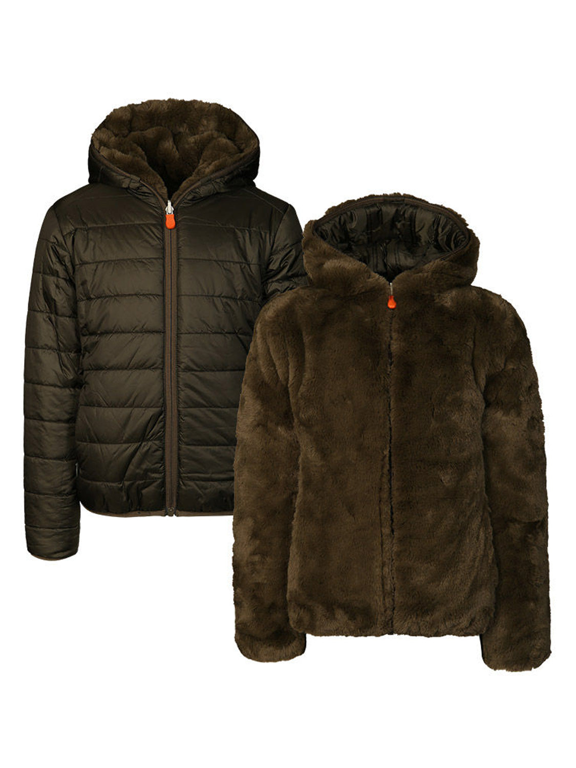 Reversible Kapuzenjacke Plüsch-Steppjacke FURY Y zum Wenden, mit gestepptem Puffer-Design auf einer Seite und weicher Kunstpelz-Oberfläche auf der anderen, orangefarbener Reißverschluss.