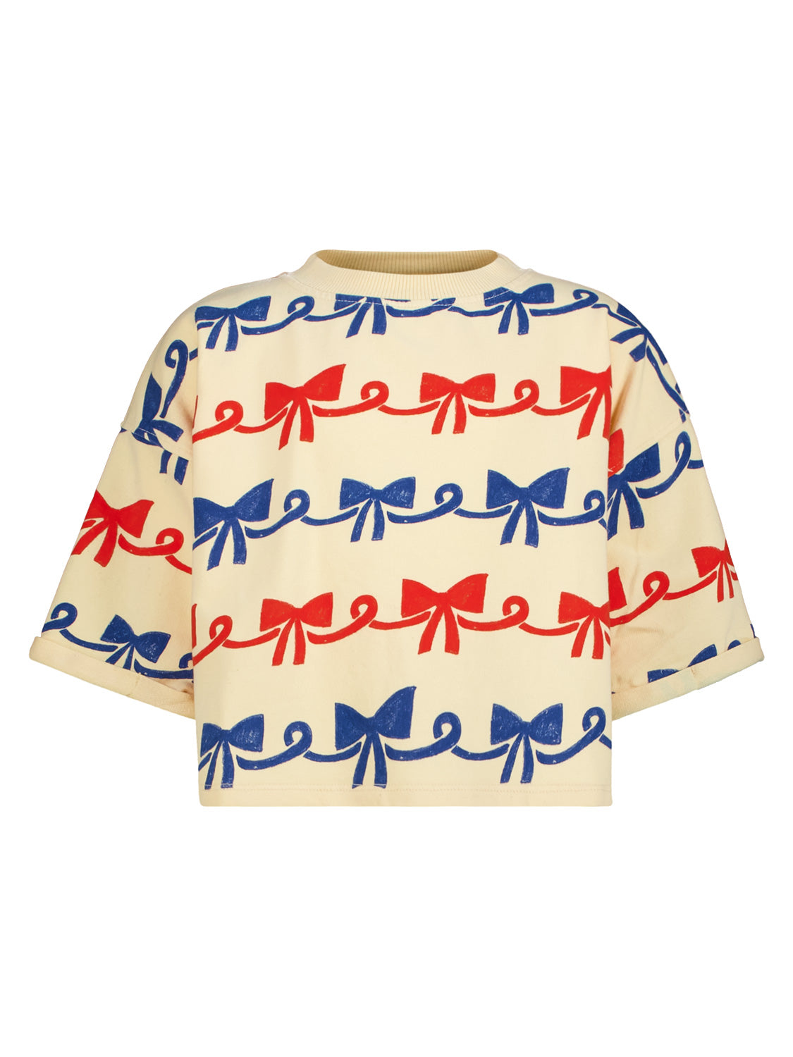 Sweatshirt Gelb: Boxy, kurz geschnittenes T-Shirt mit Crewneck und kurzen Ärmeln, verziert mit roten und blauen Schleifenmustern. Perfekt für einen kreativen, einzigartigen Look.