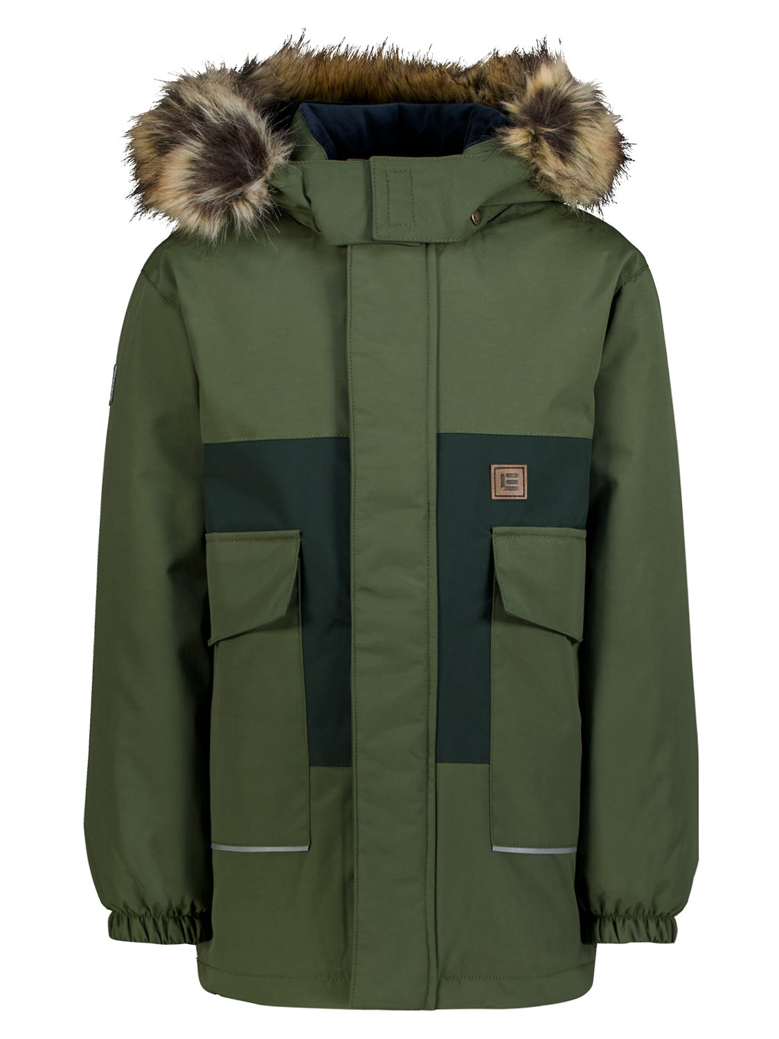 Winterjacke Ramon Olivgrün mit Kapuze und Kunstfellbesatz, zwei großen Fronttaschen, verdecktem Reißverschluss, elastischen Bündchen und reflektierenden Details für kaltes Wetter.
