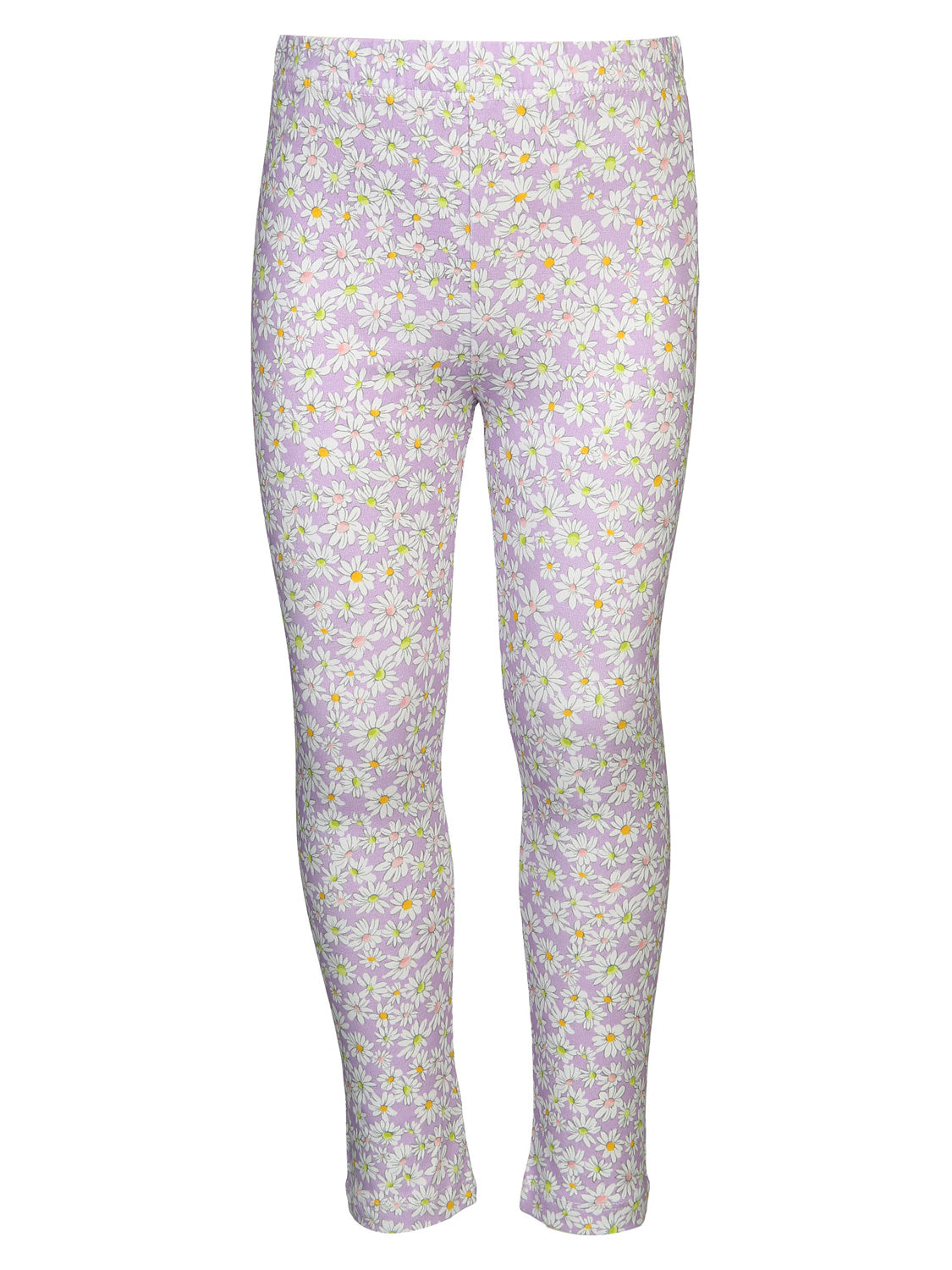 Leggings PRIMAVERA in lila lila mit kleinen weißen Gänseblümchen, die gelbe oder blassgrüne Zentren haben, zeigen den floralen Stil für Mamas und Kinder von bellybutton.