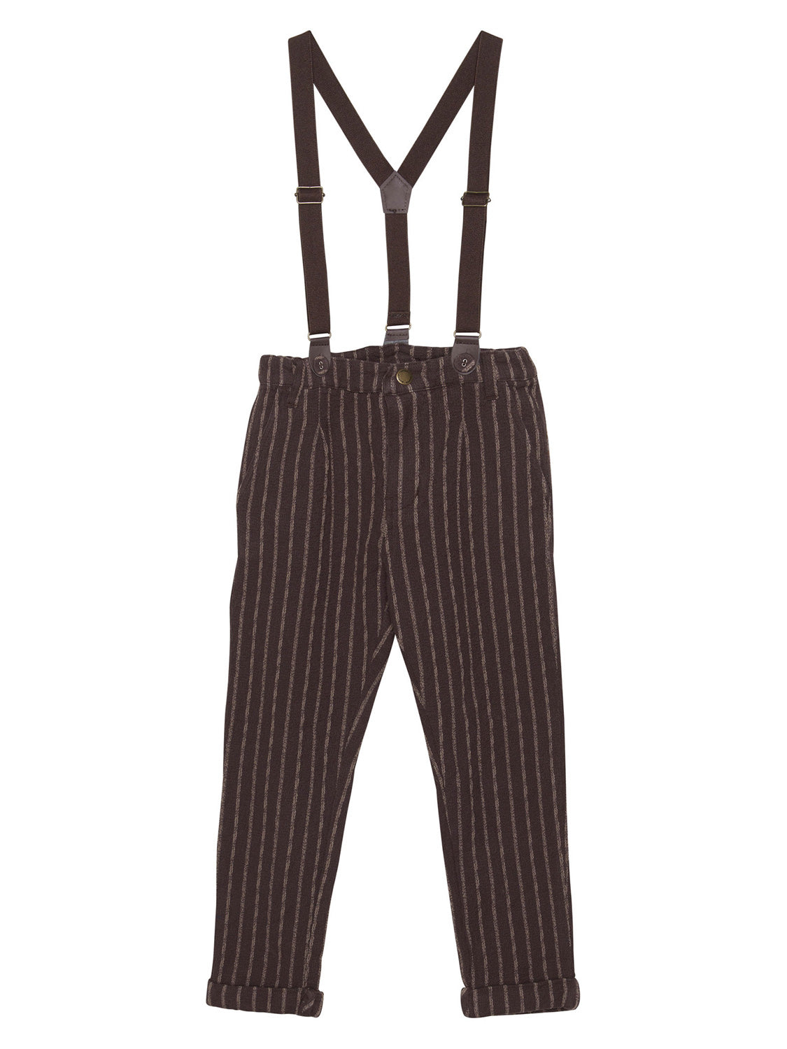 Hose Braun: Dunkelbraune, gestreifte Hose mit aufgerollten Bündchen und verstellbaren Hosenträgern, die hinten ein Y bilden, ideal für stilvolle Kindermode.