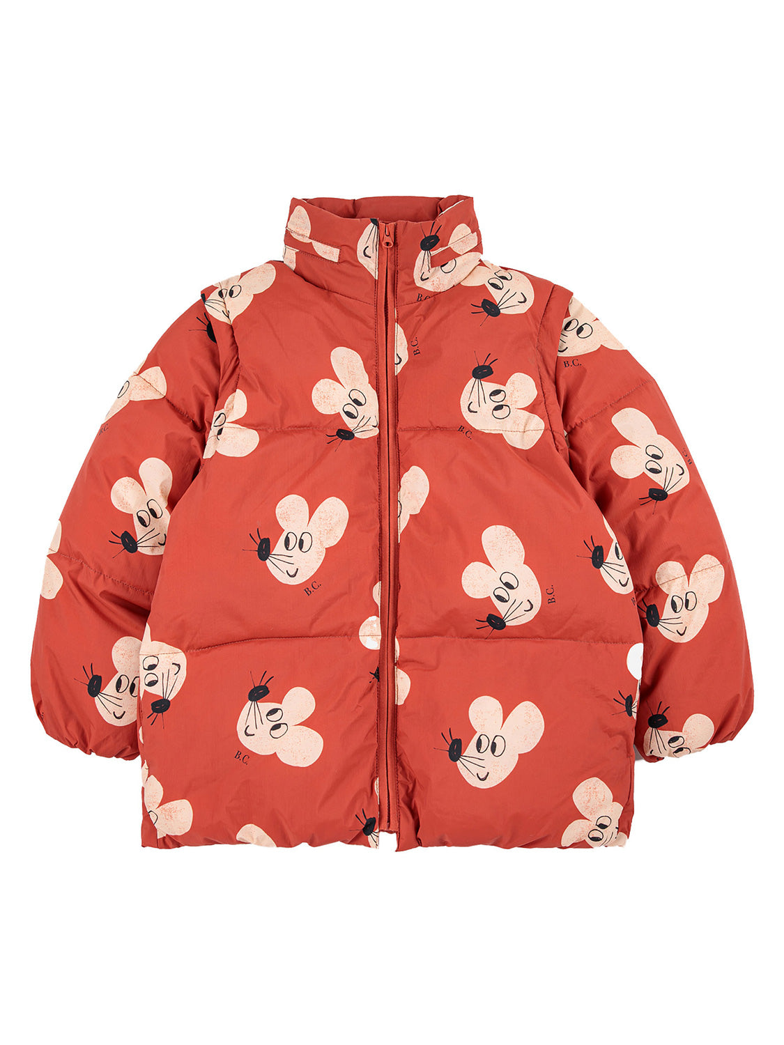Winterjacke MOUSE ALL OVER in braun braun mit Frontreißverschluss, Stehkragen und elastischen Bündchen, verziert mit beigen Mausmotiven für Kinder.