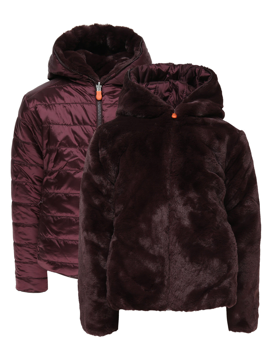 Steppjacke CHLOE FURY zum Wenden in burgundy black burgundyblack, zeigt eine gesteppte Burgunder-Pufferseite und eine plüschige, dunkelbraune Kunstfellseite, beide mit Kapuze und Frontreißverschluss.