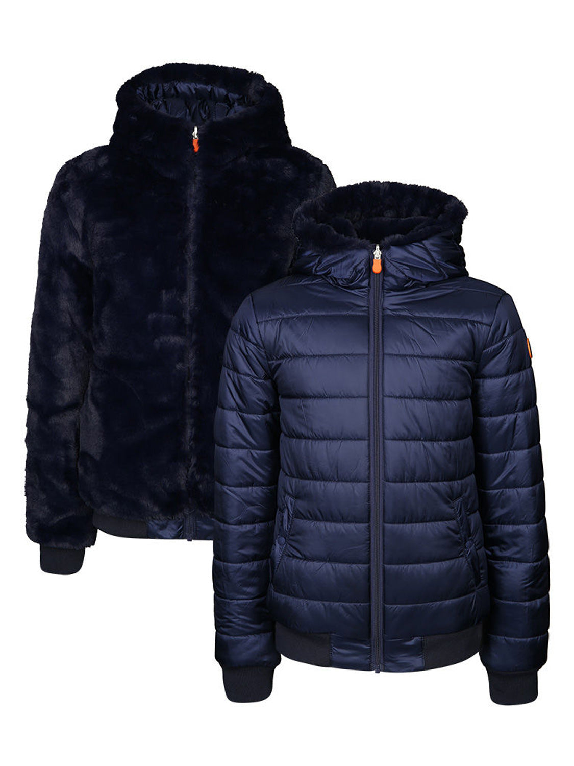 Zwei navy-blaue Jacken: eine Plüsch-Steppjacke GIUBBOTTO CAPPUCCIO zum Wenden mit weichem Faux-Fur und eine leichte, gesteppte Pufferjacke, beide mit Kapuze.
