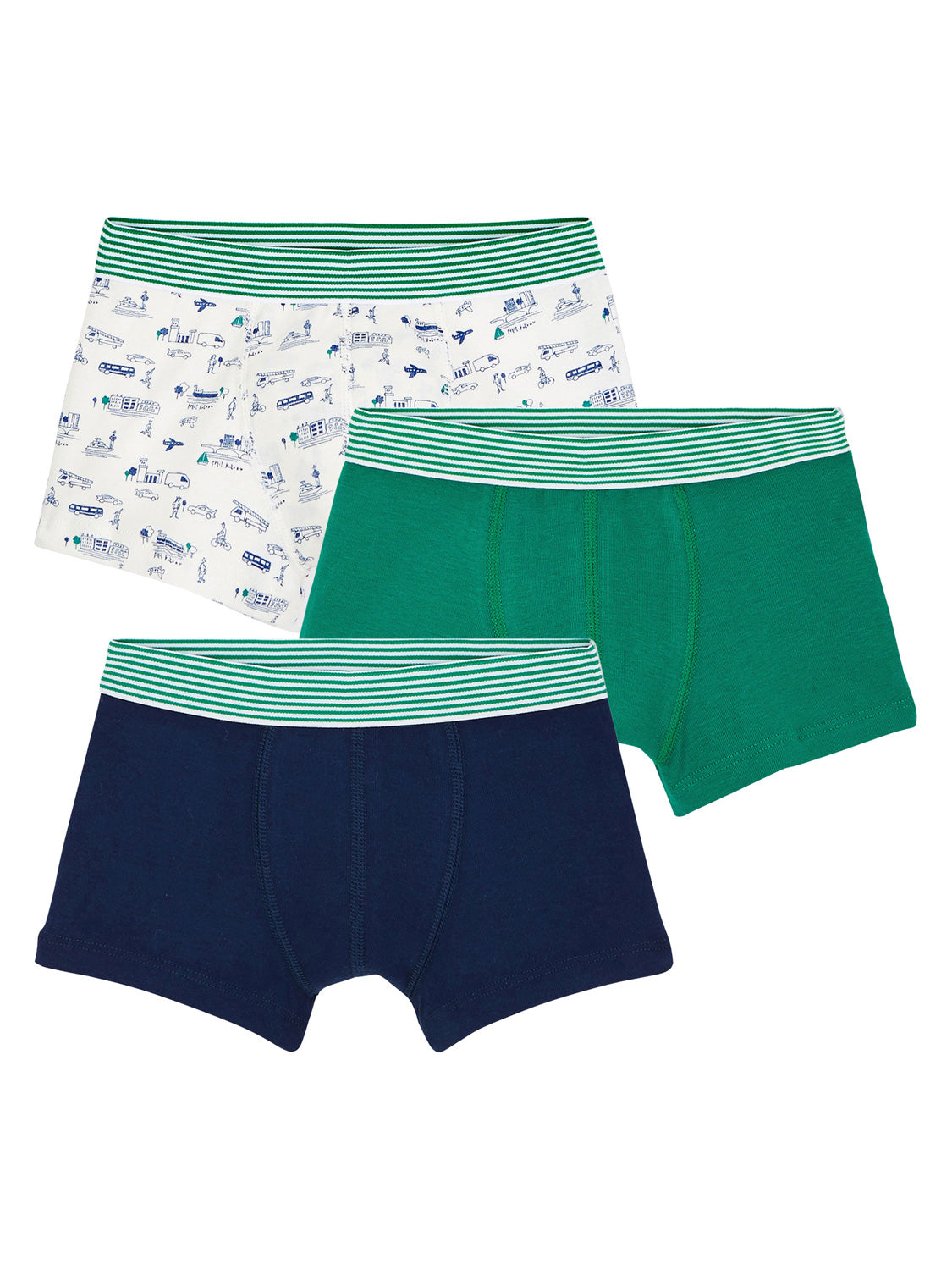 Boxershorts CITADIN 3er-Pack: Drei Jungen-Boxershorts in Navy, Grün und Weiß mit Allover-Print. Alle mit gestreiftem grün-weißem Bund. Ideal für den Alltag.