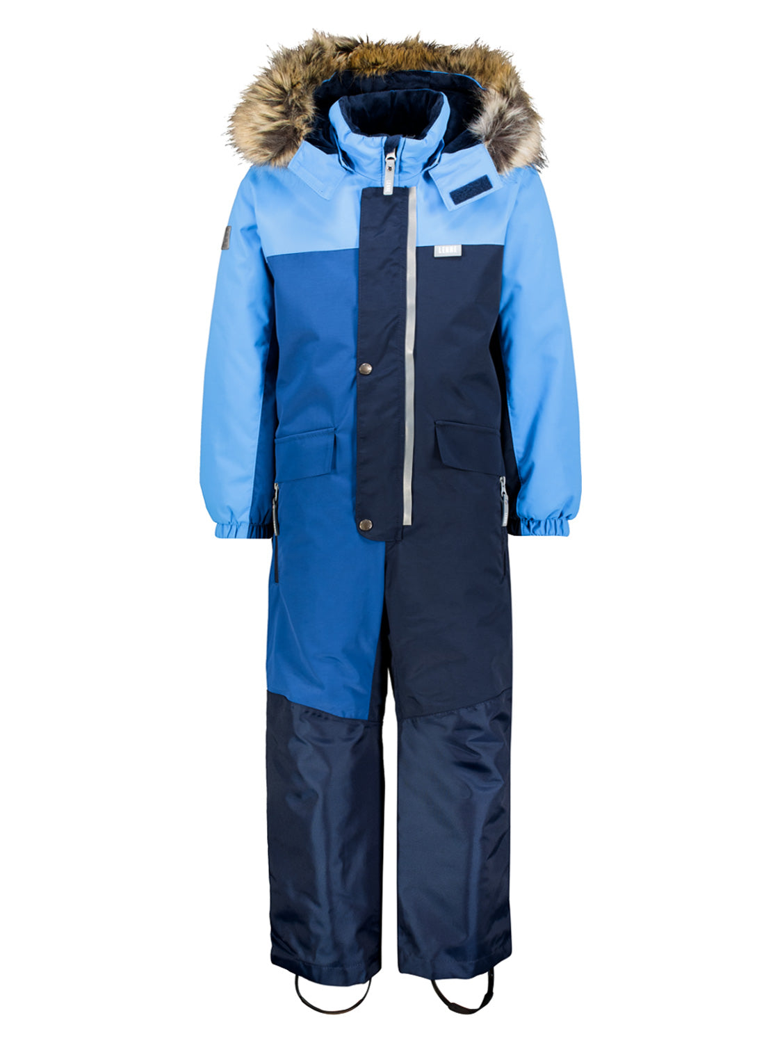 Overall Trio Blau: Einteiliges, kapuzenverziertes Winteroutfit mit Kunstfellbesatz, elastischen Bündchen, verstärkten Beinen und Fußstegen, ideal für kaltes, schneereiches Wetter. Perfekt für Kinder.