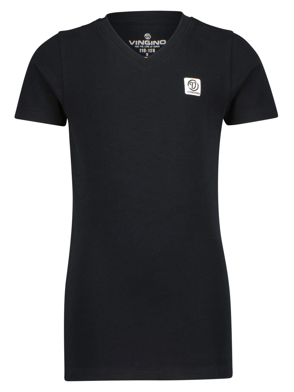 T-Shirt BASIC V-NECK in tiefschwarz mit Vingino-Logo auf der Brust. Kurzer Ärmel, V-Ausschnitt, für Kinder und Jugendliche geeignet, ideal für den vielseitigen Alltagslook.