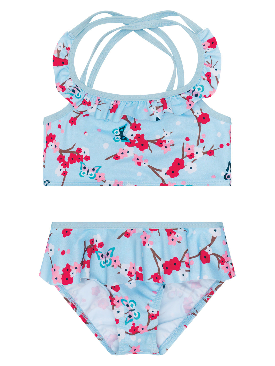 Zweiteiliges Mädchen-Bikini-Set Bikini MINOU in iced aqua mit Kirschblüten- und Schmetterling-Druck, Rüschen am Crop-Top und Rüschenrock am Höschen.