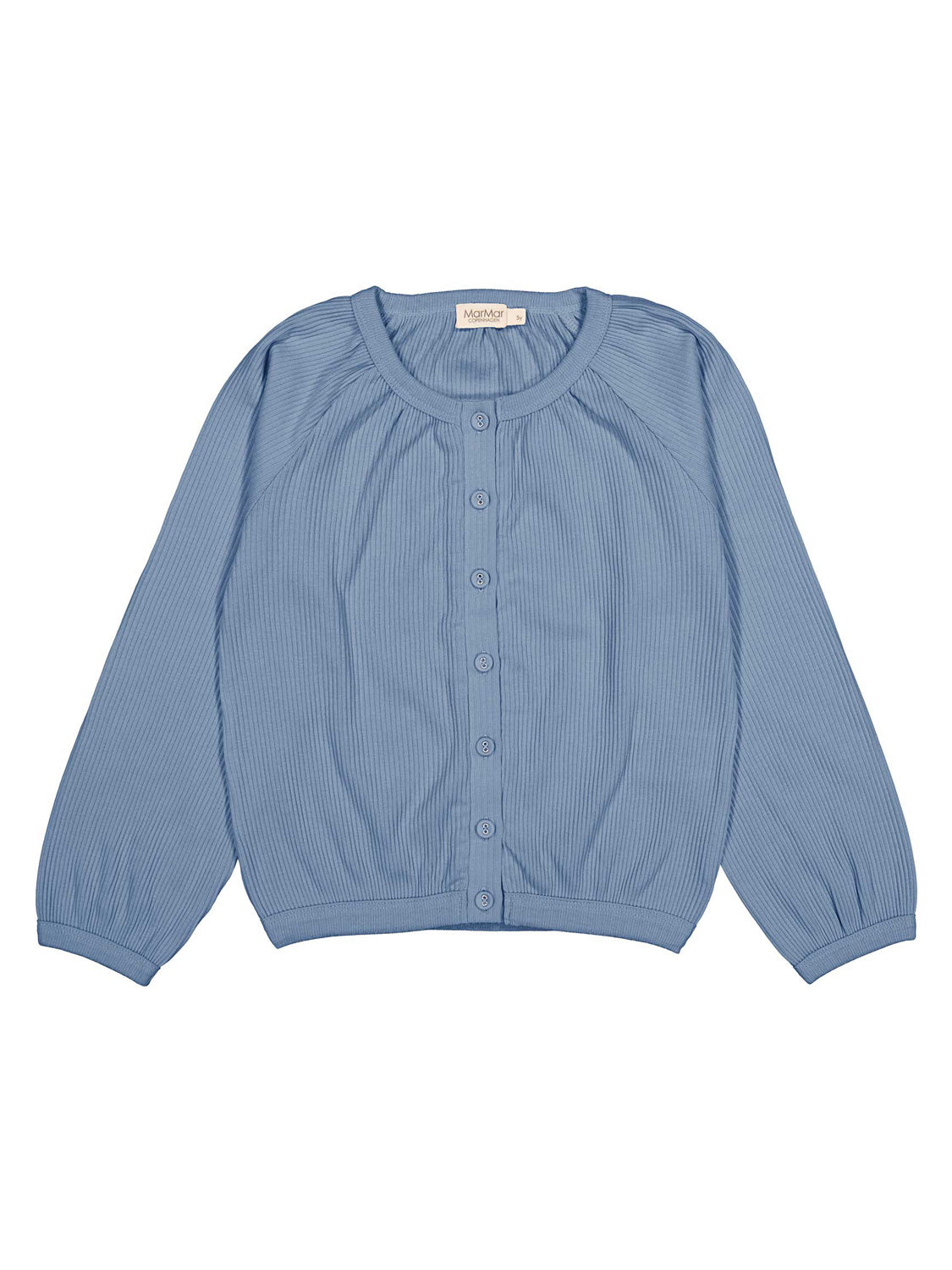 Strickjacke Hellblau: Feiner Rippstrick, langärmlig, Knopfleiste mit sieben Knöpfen, runder Ausschnitt, elastische Bündchen und Saum, ideal für stilvolle Looks bei bellybutton.