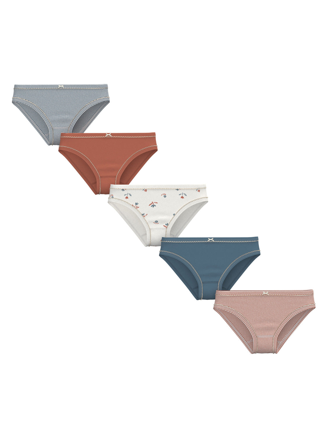 Slip FLEUR 5er-Set in bunt bunt, zeigt fünf Bikini-Slips mit verschiedenen Mustern und Farben, alle mit einer kleinen Schleife am Bund verziert.