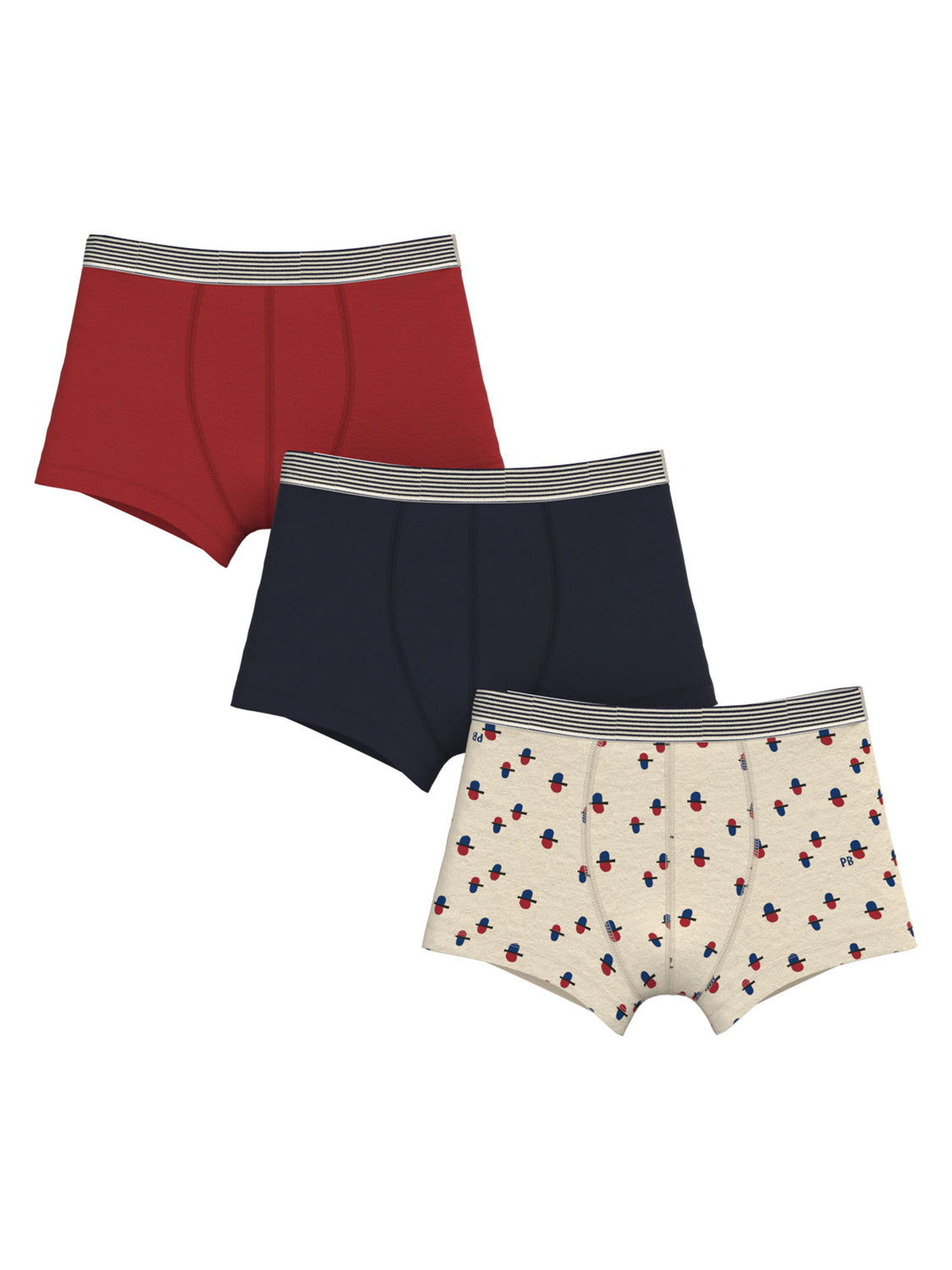 Drei Herren-Boxershorts des Boxershorts CASQUETTE 3er-Sets in bunt: rot, navyblau, creme mit geometrischem Muster, alle mit gestreiftem Bund, auf weißem Hintergrund.