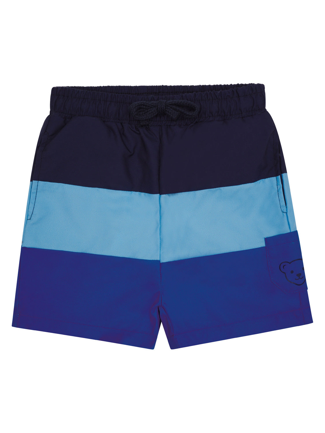 Badeshorts AURELIAN in steiff navy mit elastischem Kordelzugbund, horizontalen Farbblöcken und einer kleinen Bären-Gesichtstasche auf dem rechten Bein, ideal für Kinder.