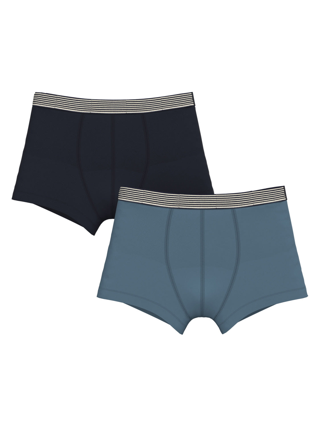 Boxershorts SOLID 2er-Set in blau blau: Zwei Herren-Boxershorts mit gestreiftem Bund, einer in dunklem Marineblau, der andere in hellem Schieferblau.