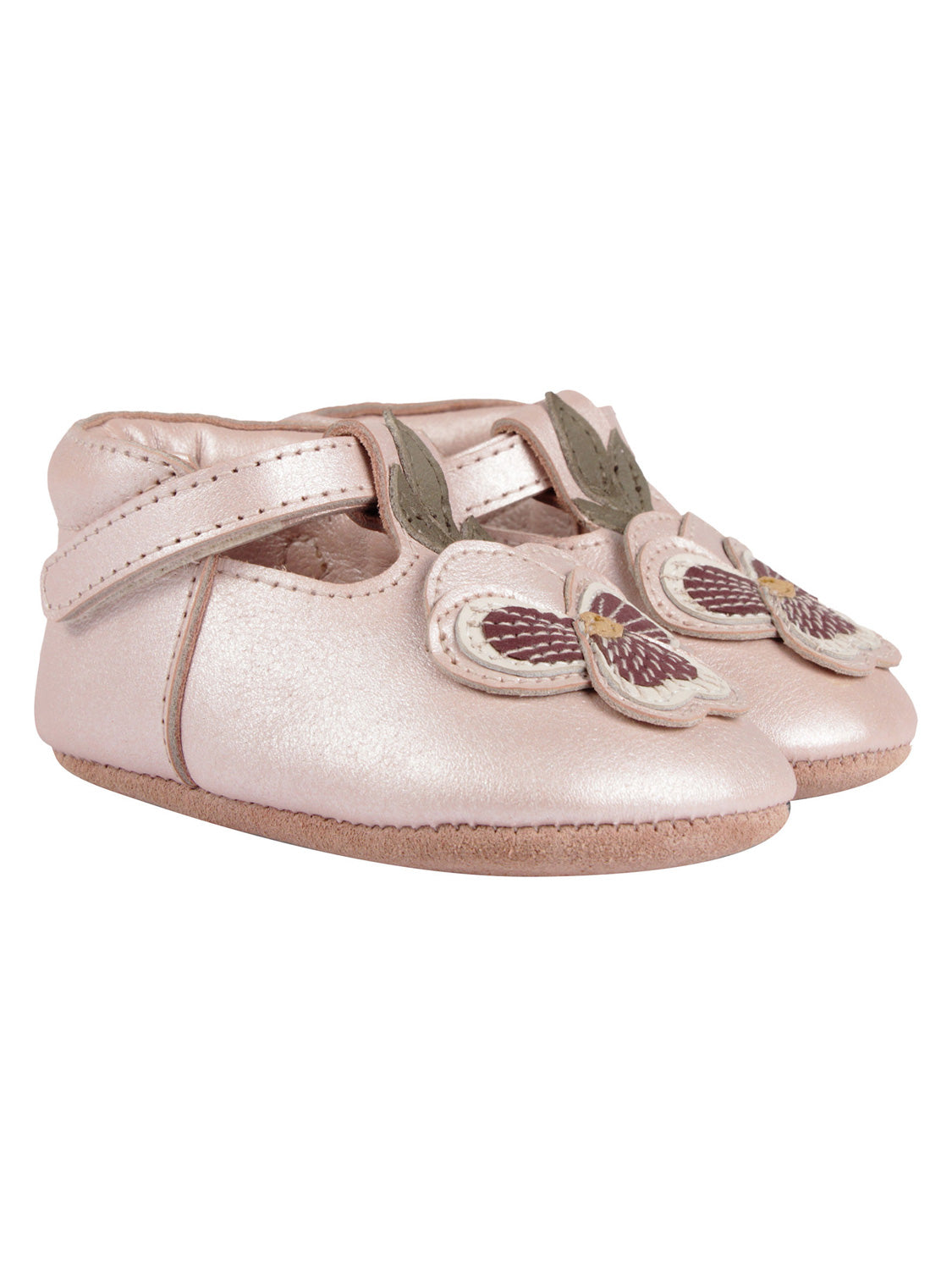 Spangenschuhe HEIDE - VIOLETTE: Weiche, rosé-metallic Mary Jane Babyschuhe mit Klettverschluss und Blumenapplikationen auf den Zehen, ideal für stilvolle Babymode von bellybutton.