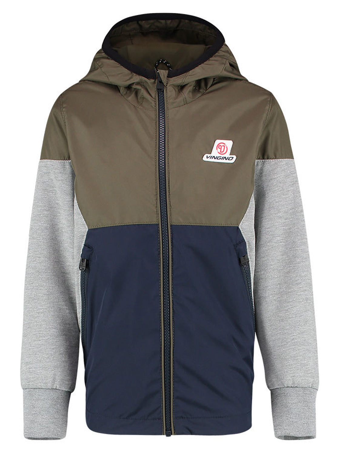Übergangsjacke TESMANO mit olivefarbenem Joch und Kapuze, navyblauem Körper, hellgrauen Ärmeln, Reißverschluss und Vingino-Logo auf der linken Brust. Perfekt für Kinderkleidung.